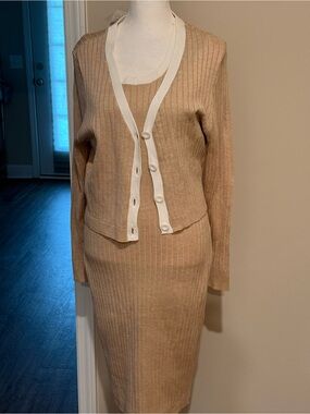 Cato Beige Ribbed Knit Skirt Set with Cream Trim